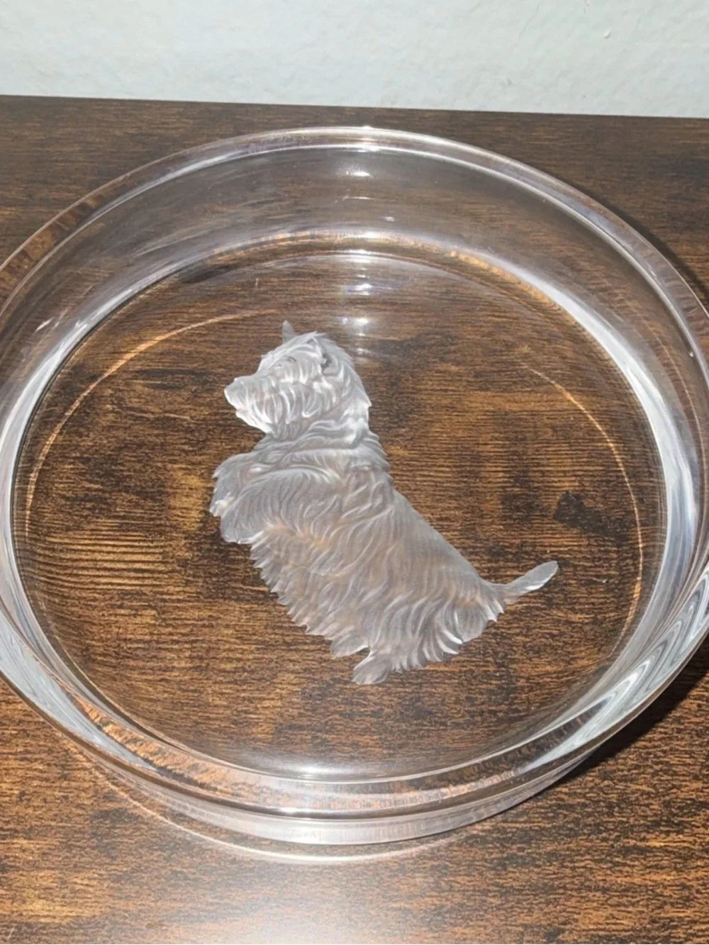 Clear Glass Dog Bowl with Etched Terrier Design - Clear